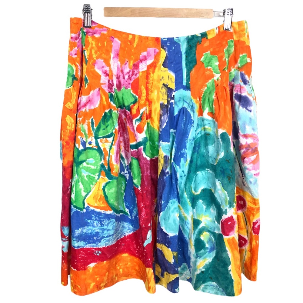 Ralph Lauren Watercolor Floral Pleated High Waisted Cotton Knee Length Skirt - Picture 3 of 7